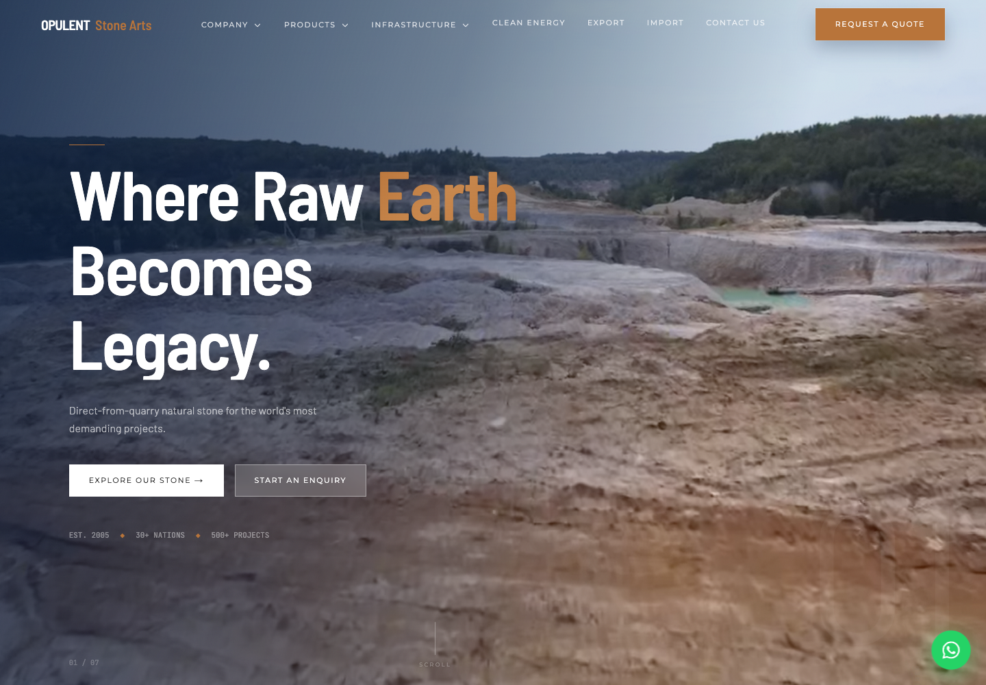 Opulent Stone Arts homepage with quarry imagery and enquiry links
